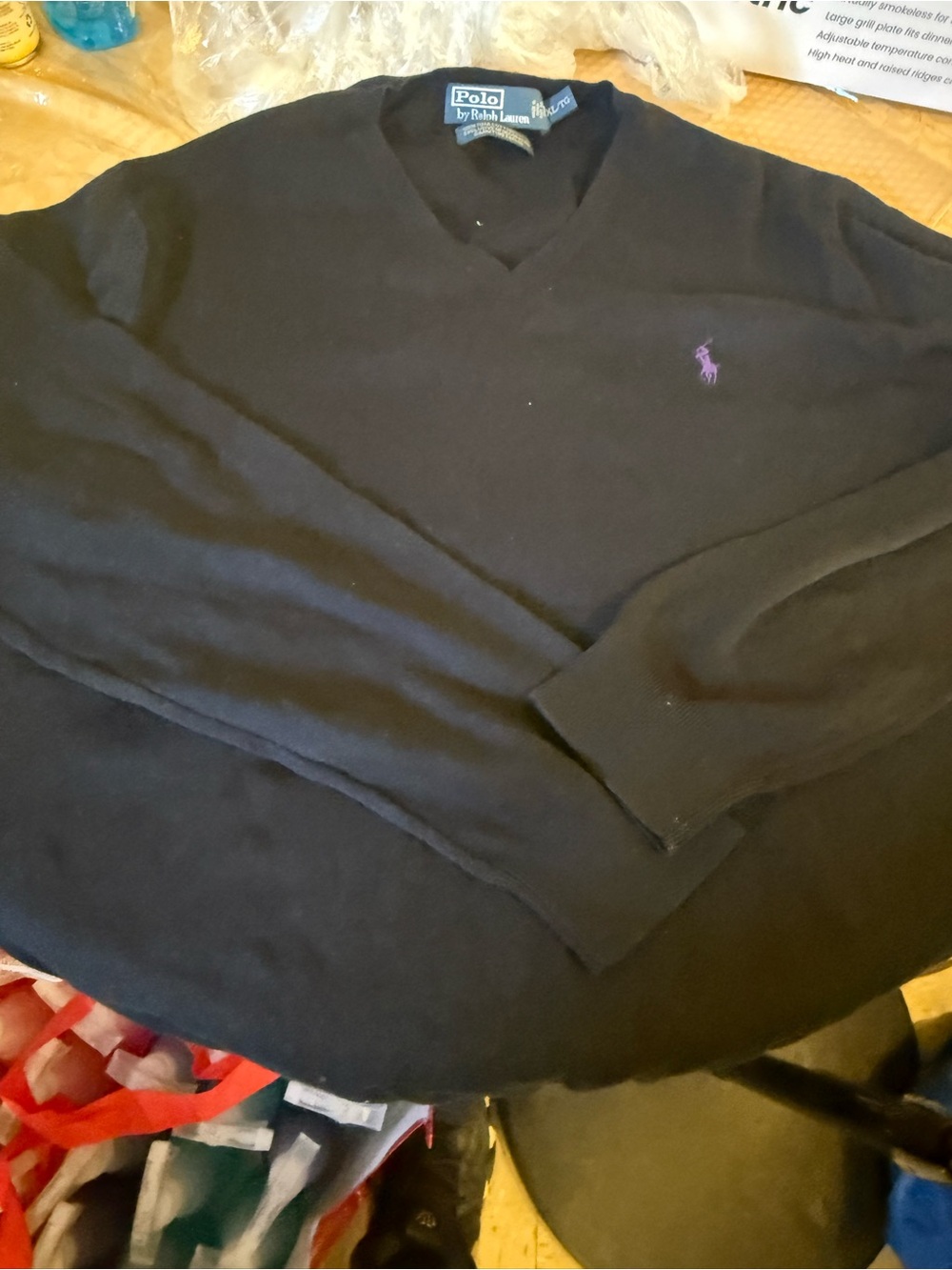 Polo by Ralph Lauren Black V-Neck Sweater with Purple Pony
